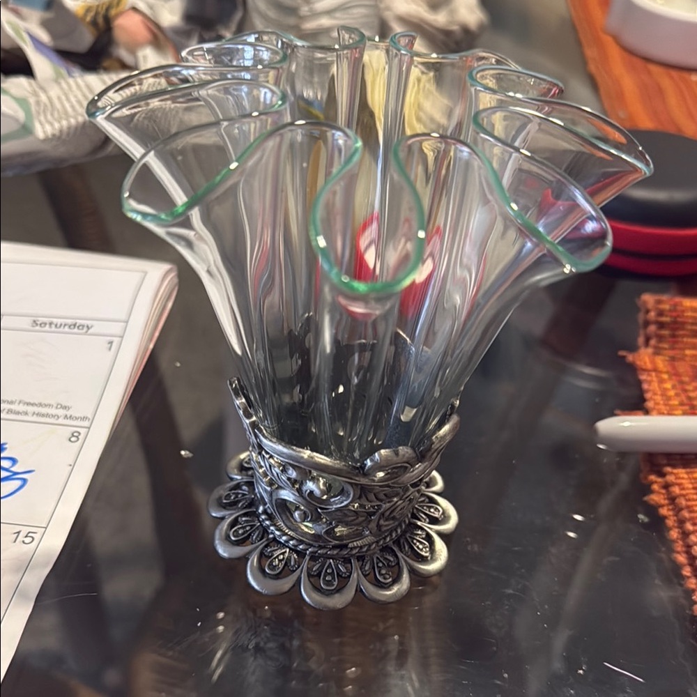 Stylish Silver and Green Fluted Glass Vase